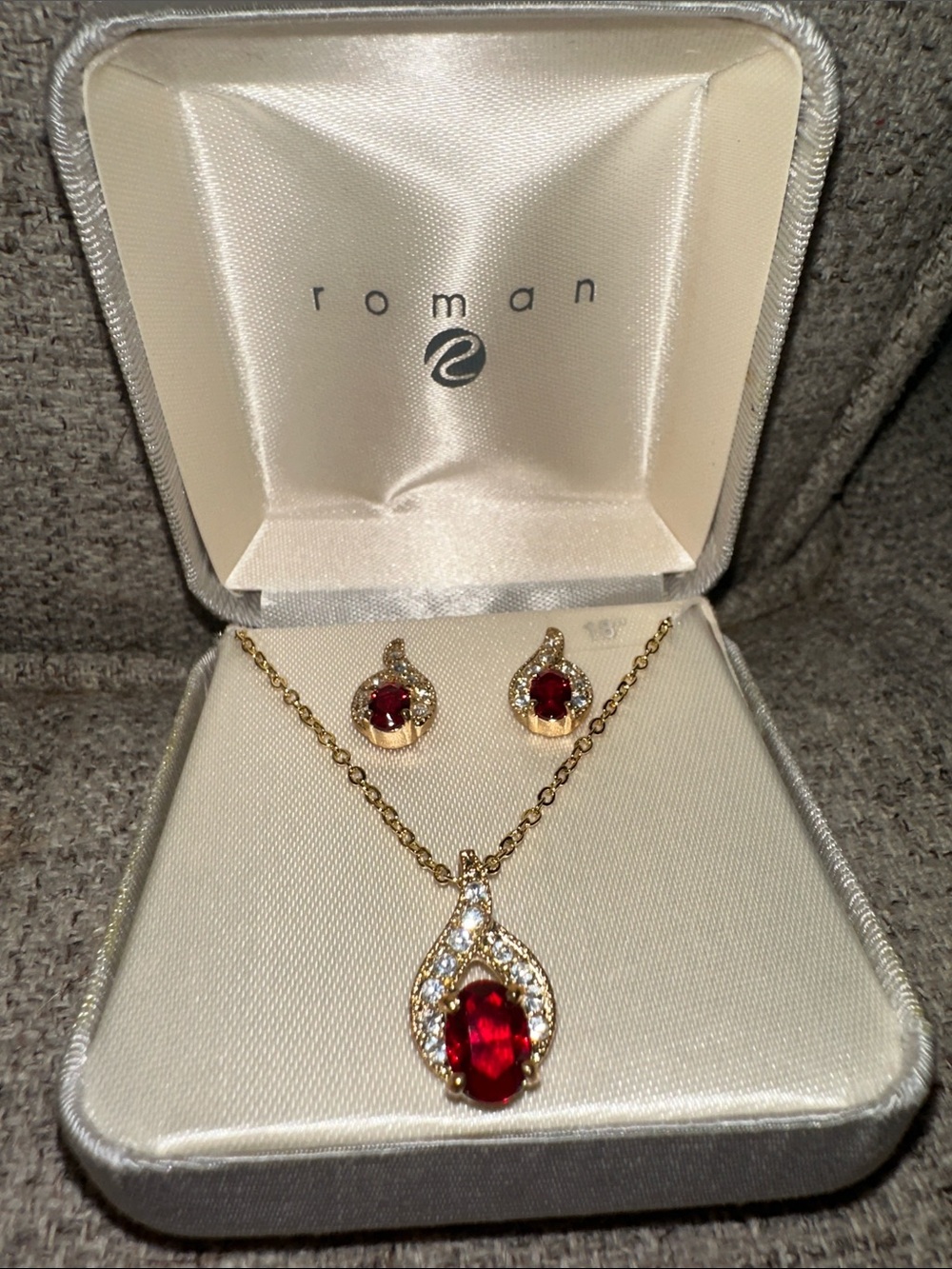 Roman Gold-Tone Necklace and Earring Set with Red Stones